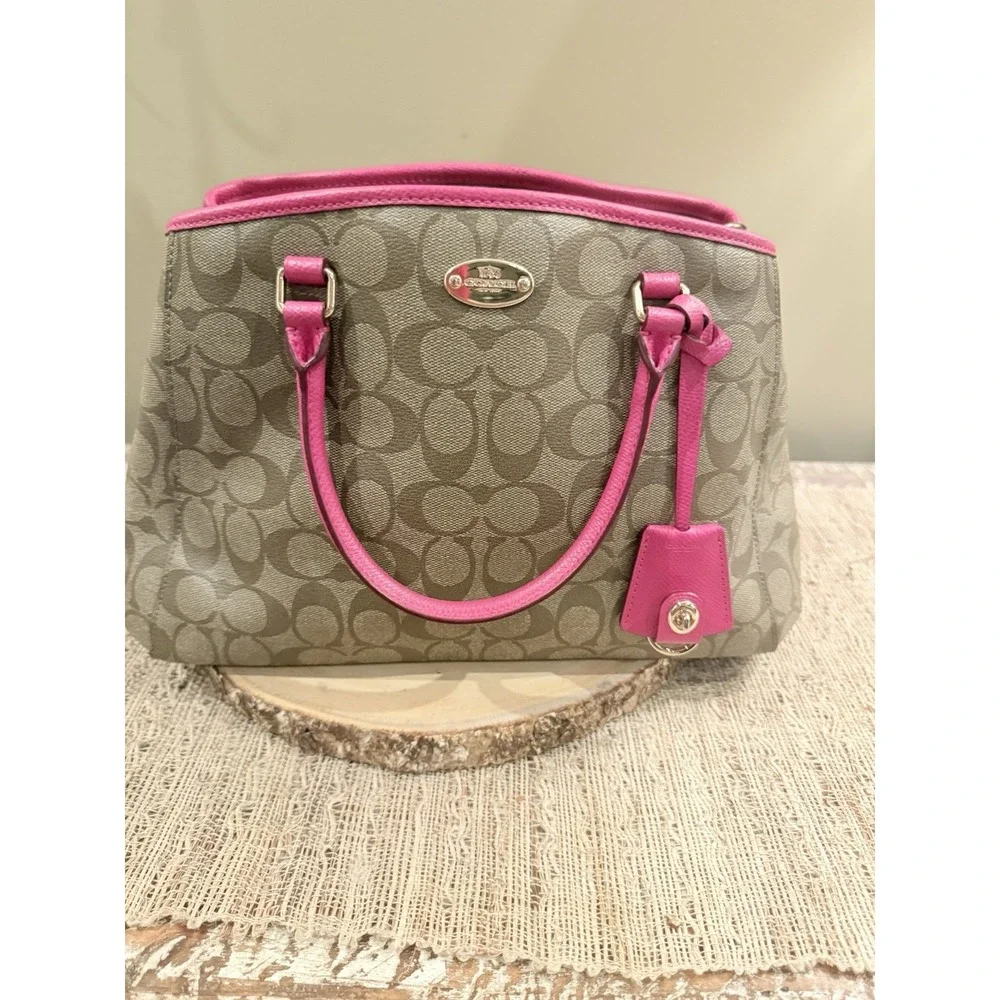 COACH Signature Margot Carryall & Wrislet 2pc Set Khaki & Pink PVC Crossbody - Picture 2 of 16